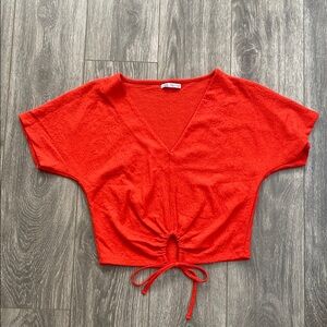 Zara - Orange/Red Short Sleeve V-Neck Blouse - Size S